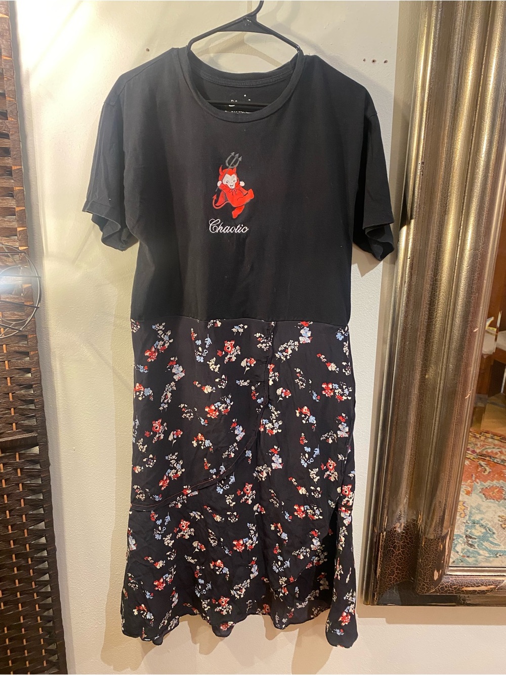 OOAK Upcycled Chaotic Black Floral Silk wrap skirt tee dress